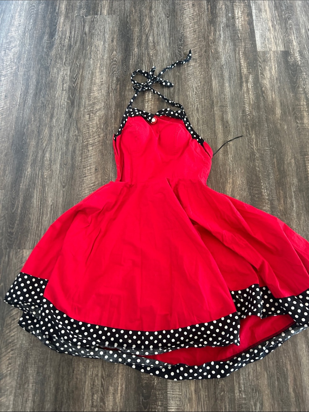 Red Halter Casual Dress with Polka Dot Trim